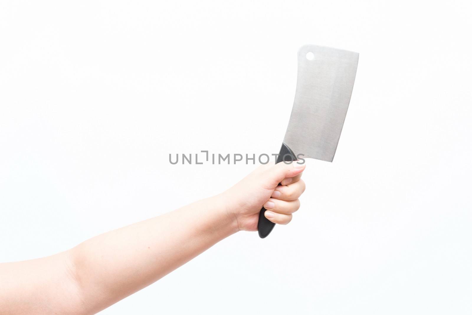 Asian woman holding large knife, isolated