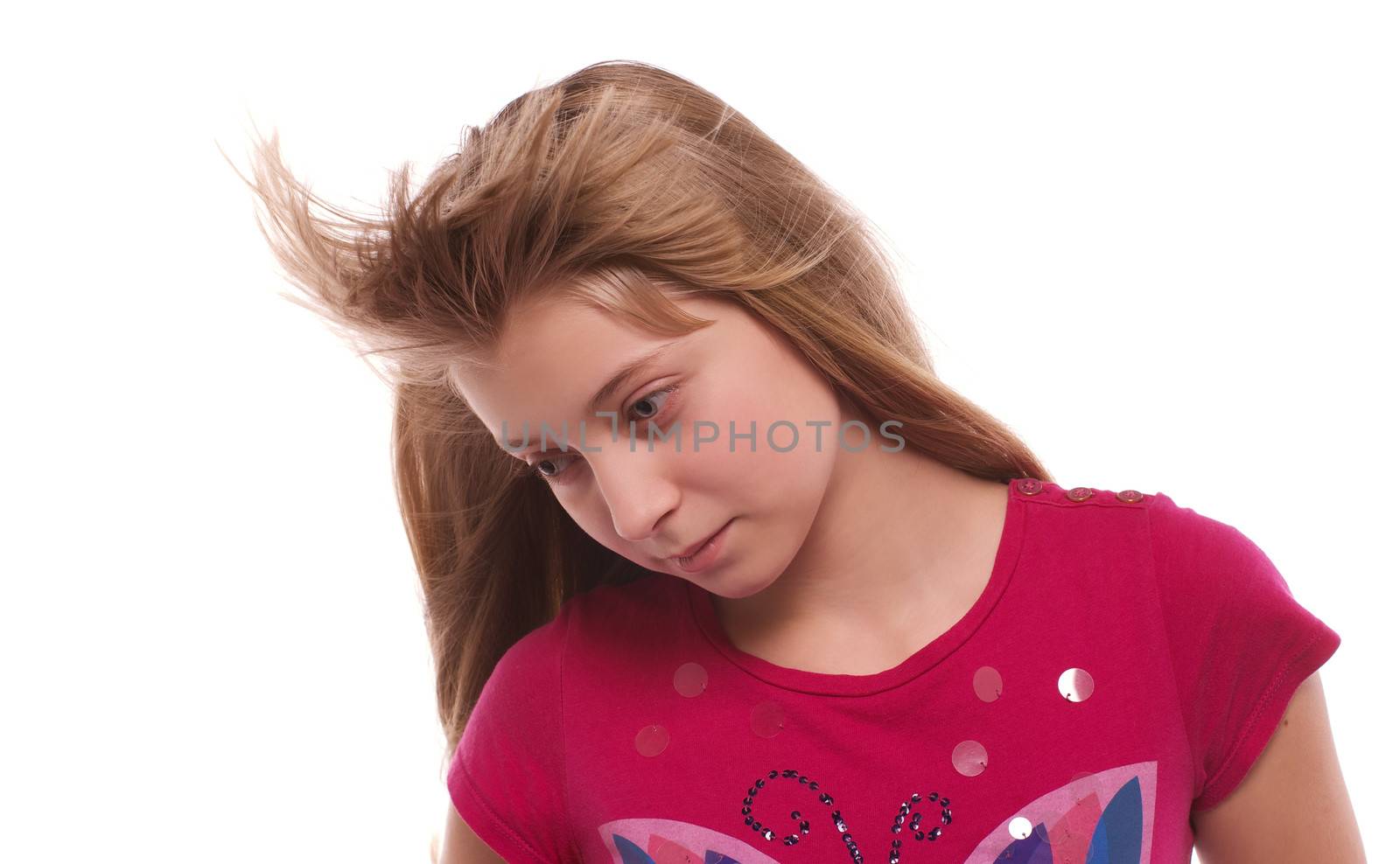 Blonde Long Hair Girl Looking Down and Dreaming on white background