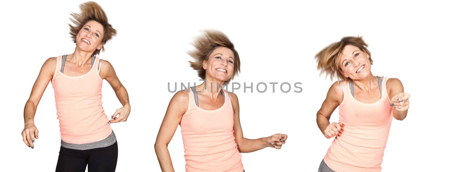 Cute woman dancing on isolated white background