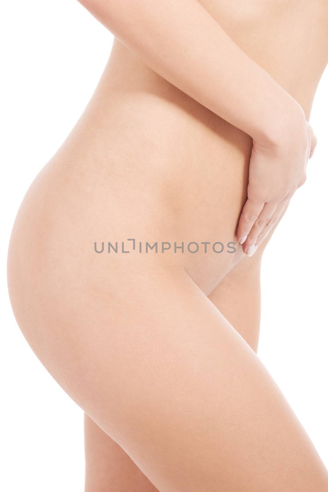 Woman's flat belly. Slim figure. Isolated on white.