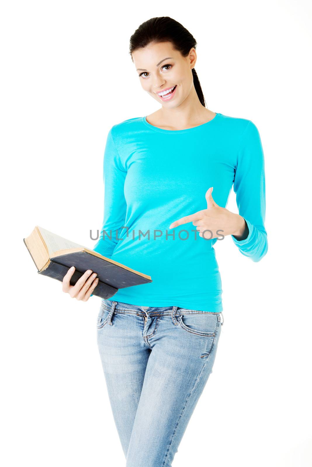 Young woman student with book. Isolated on white.