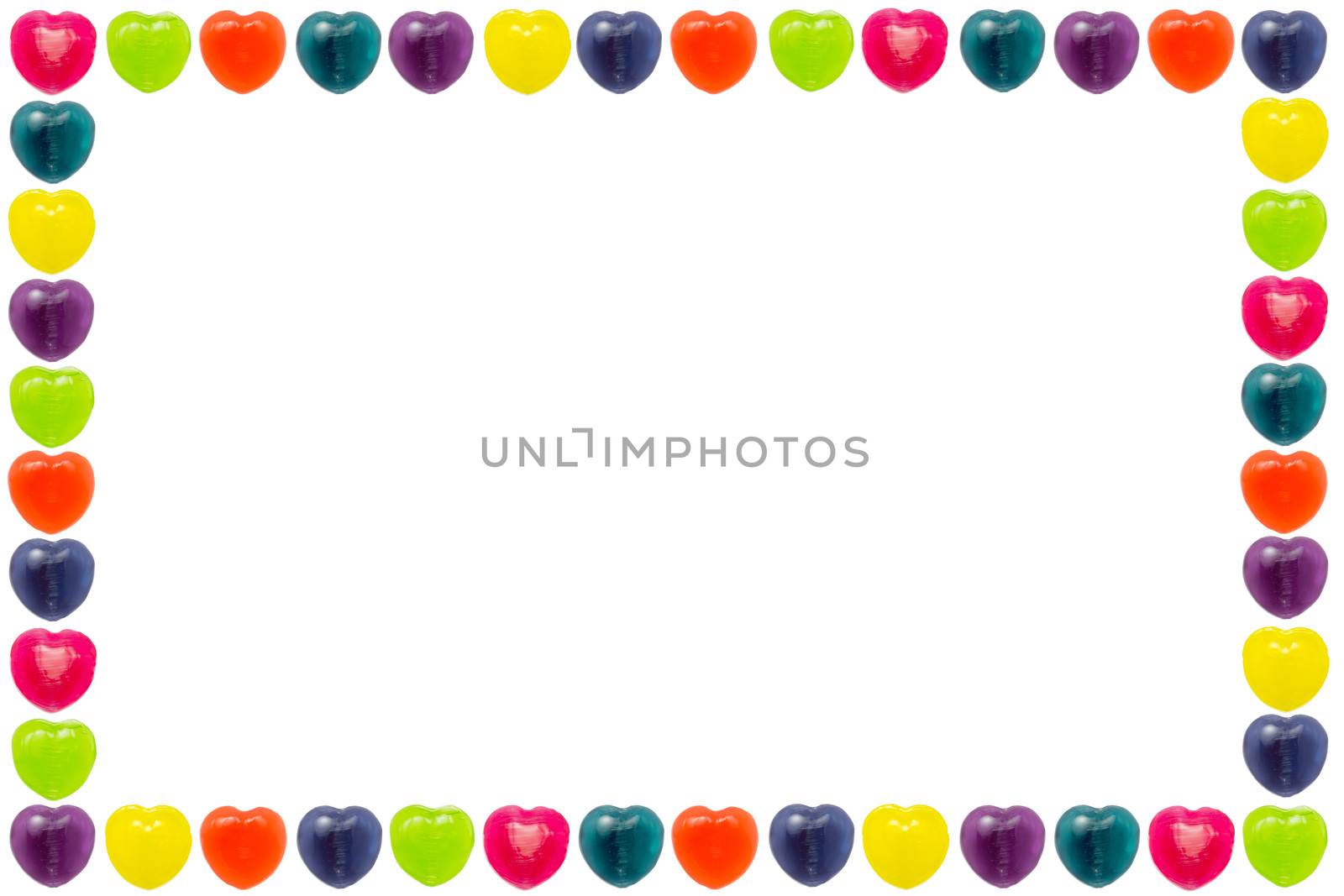 Heart shape confectionery is set as border or frame style on white background