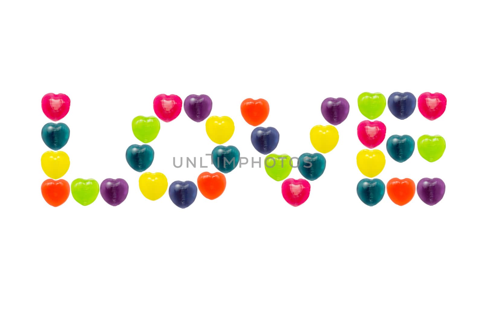 Heart shape confectionery is set in love text style on white background