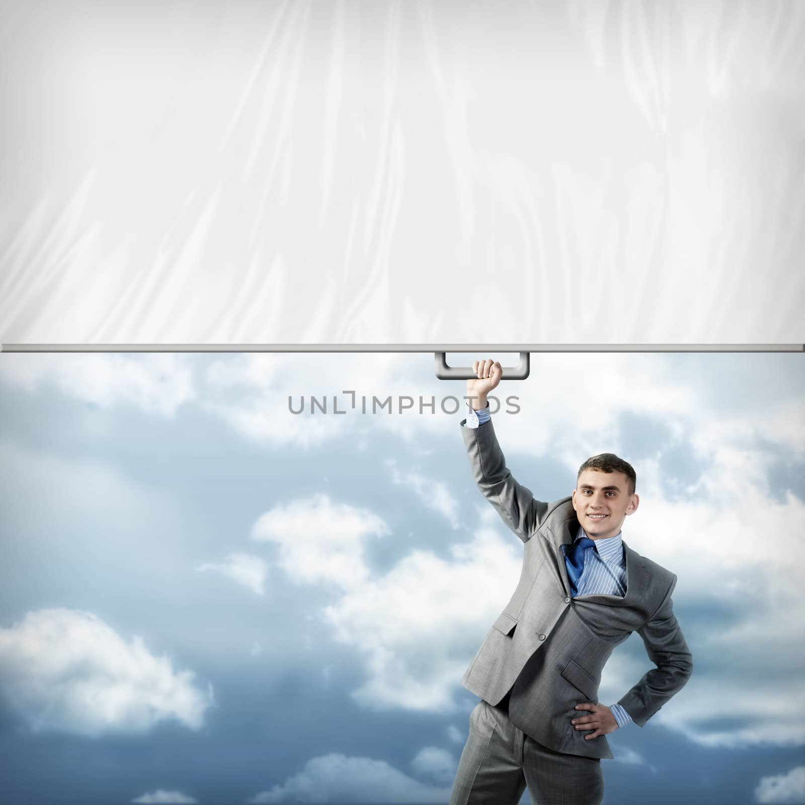 businessman holding a banner with one hand by adam121