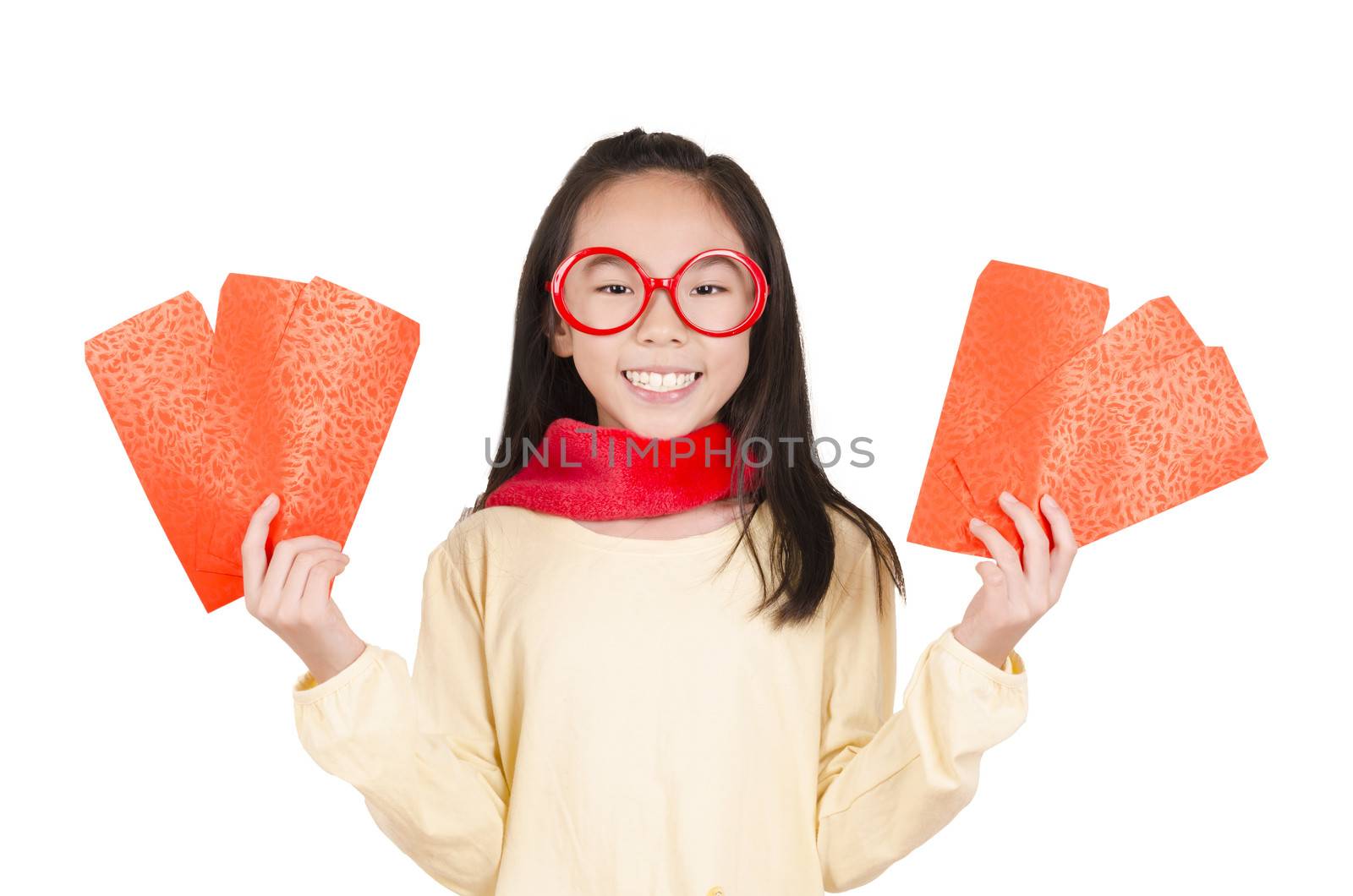Beauty girl showing red envelope