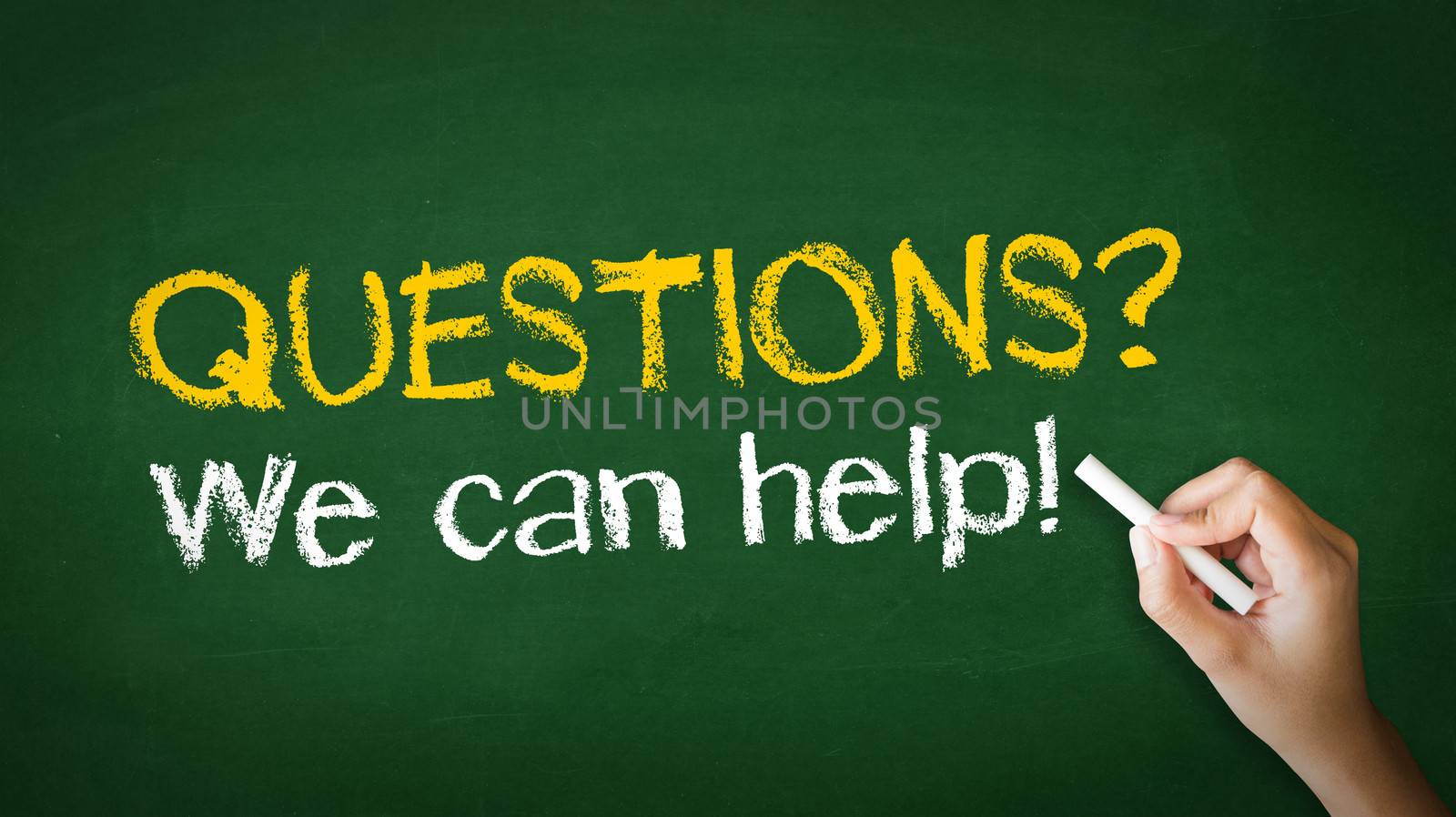 A person drawing and pointing at a Questions, we can help Chalk Illustration