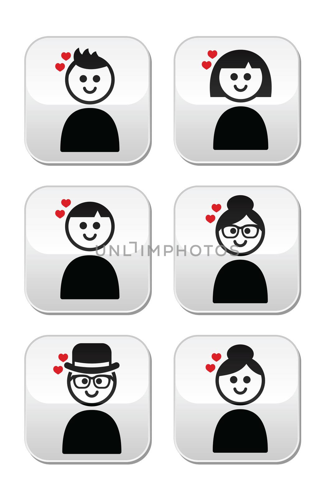 People with hearts, love, Valentine's Day buttons set by RedKoala