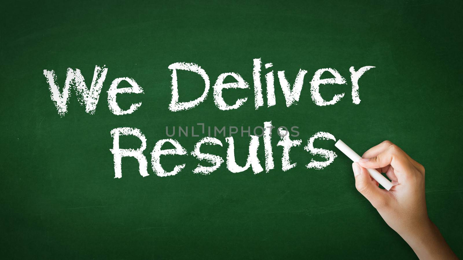 A person drawing and pointing at a We deliver Results Chalk Illustration