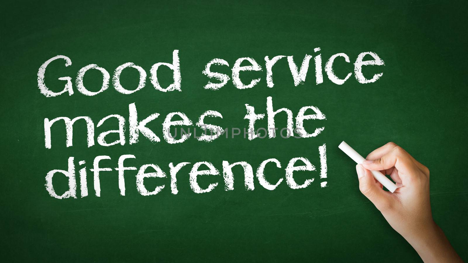 A person drawing and pointing at a Good Service makes the difference Chalk Illustration