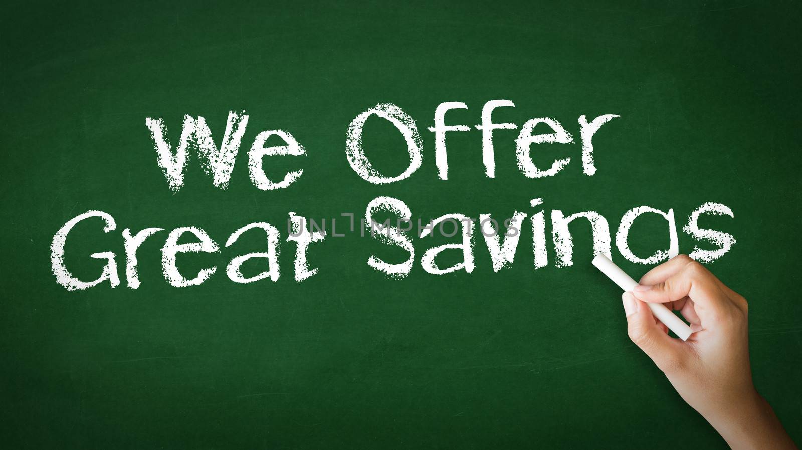 A person drawing and pointing at a We offer Great Savings Chalk Illustration