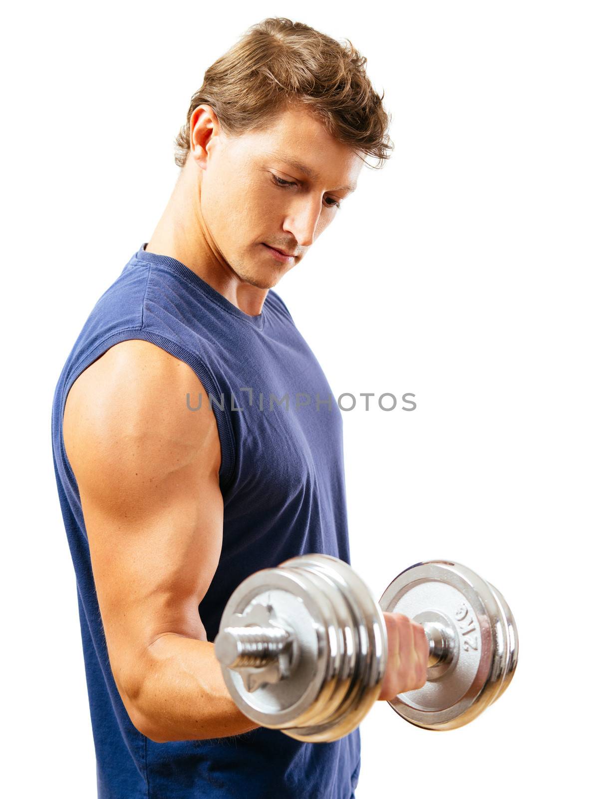 Photo of a man in his early thirties doing bicep curls with a dumbbell over a white background. Side view version.