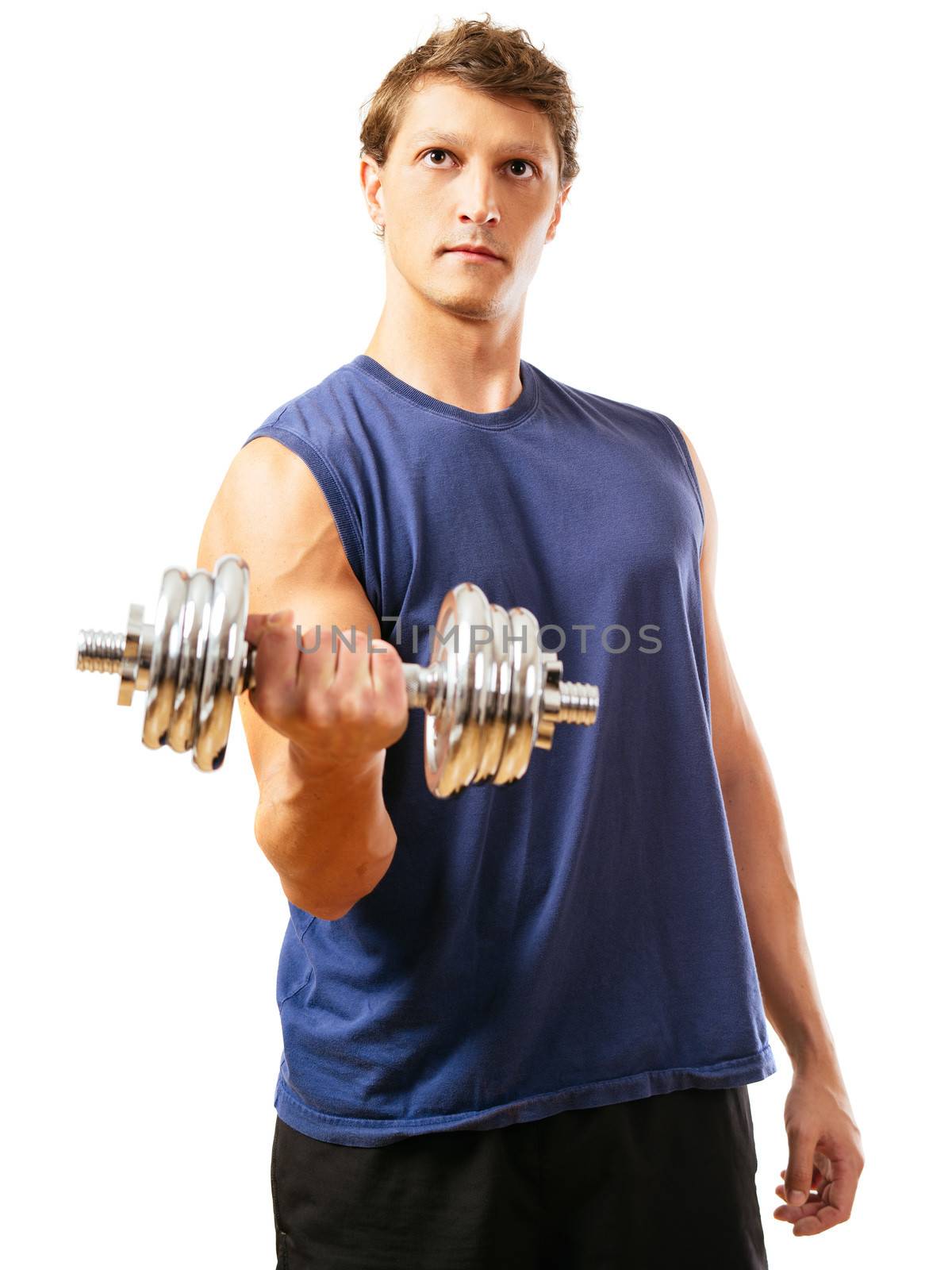 Photo of a man in his early thirties doing bicep curls with a dumbbell over a white background. Front view version.