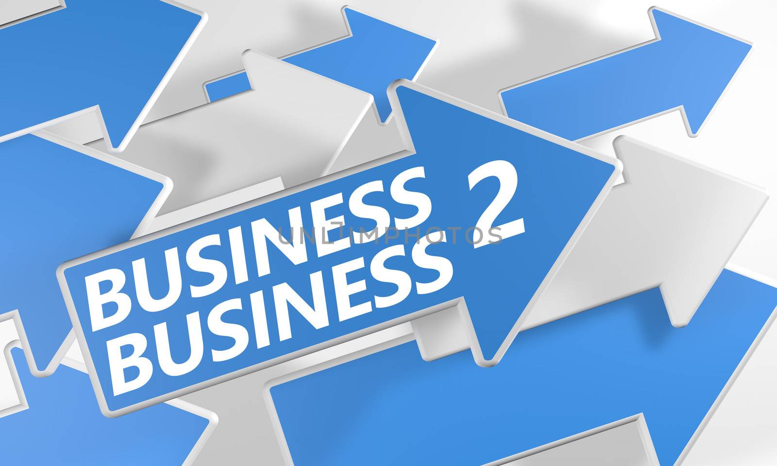 Business 2 Business 3d render concept with blue and white arrows flying over a white background.