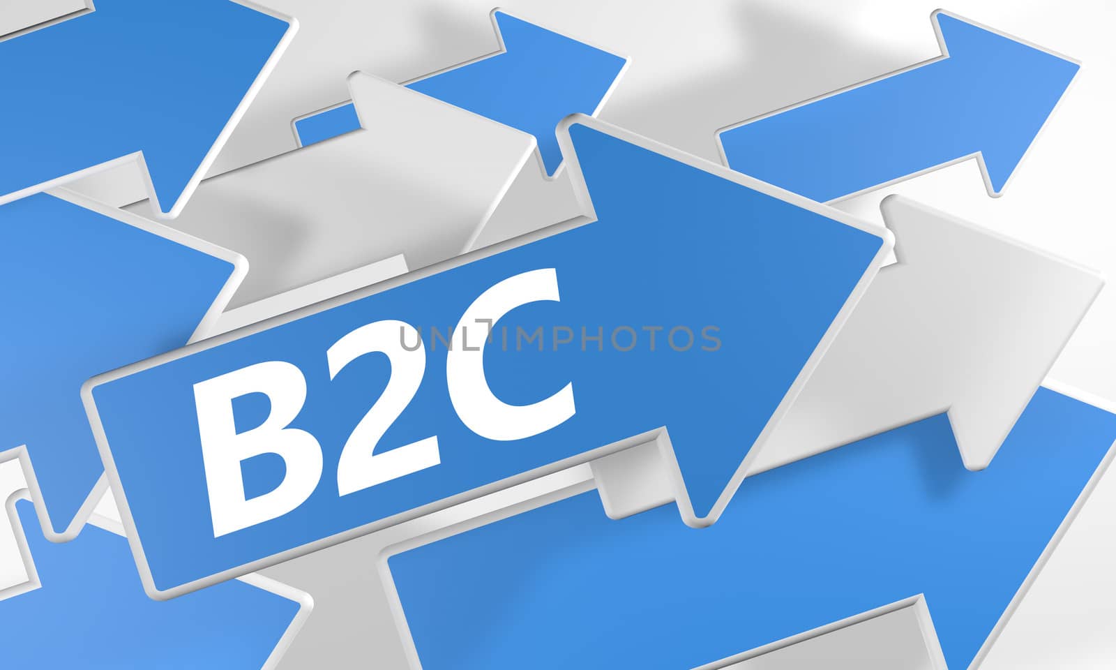 Business 2 Customer 3d render concept with blue and white arrows flying over a white background.