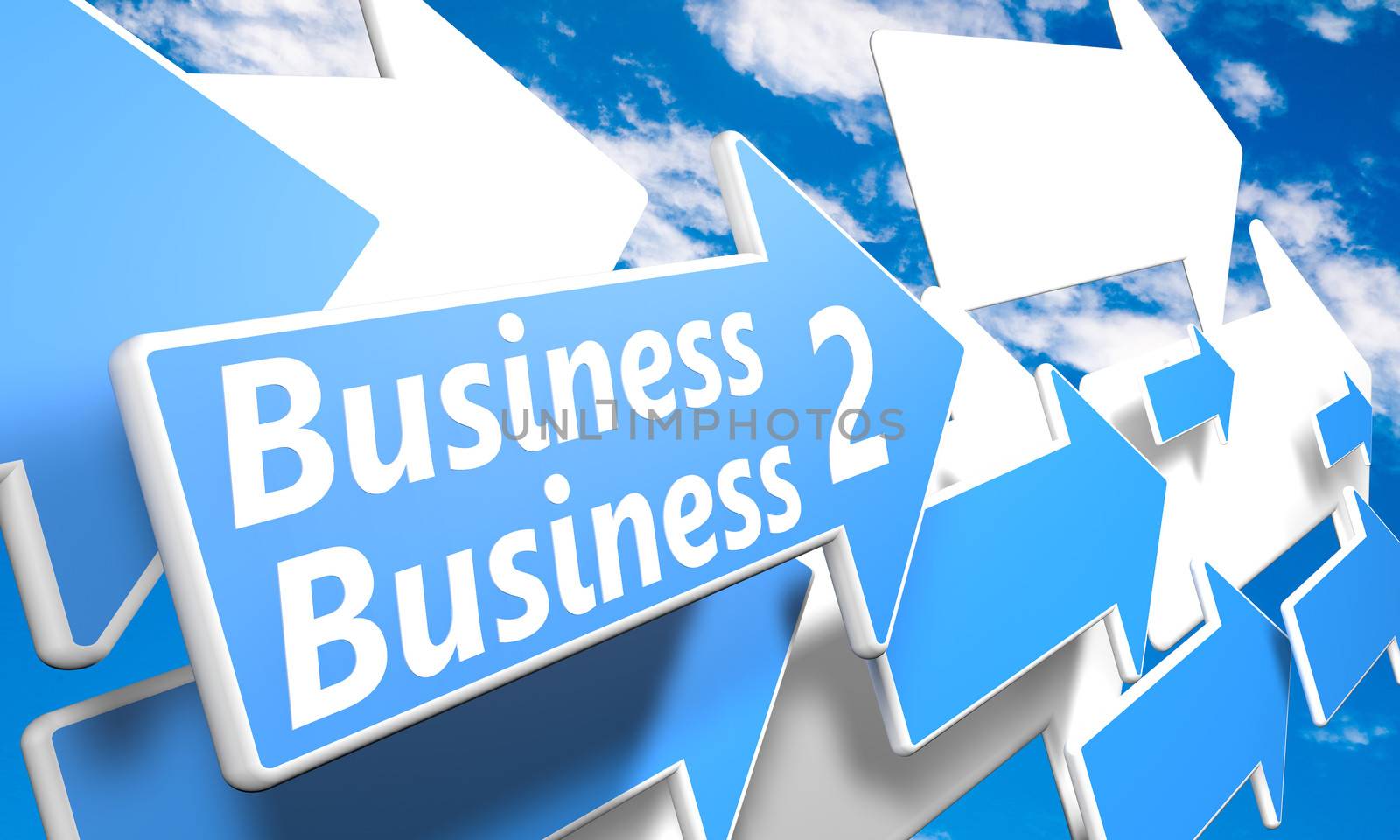 Business 2 Business 3d render concept with blue and white arrows flying in a blue sky with clouds