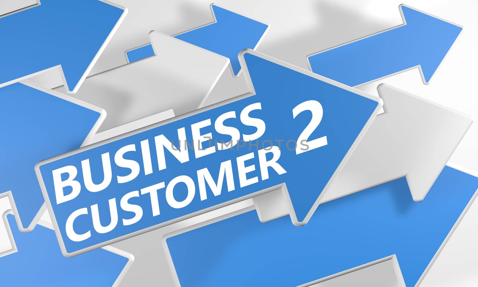 Business 2 Customer 3d render concept with blue and white arrows flying over a white background.