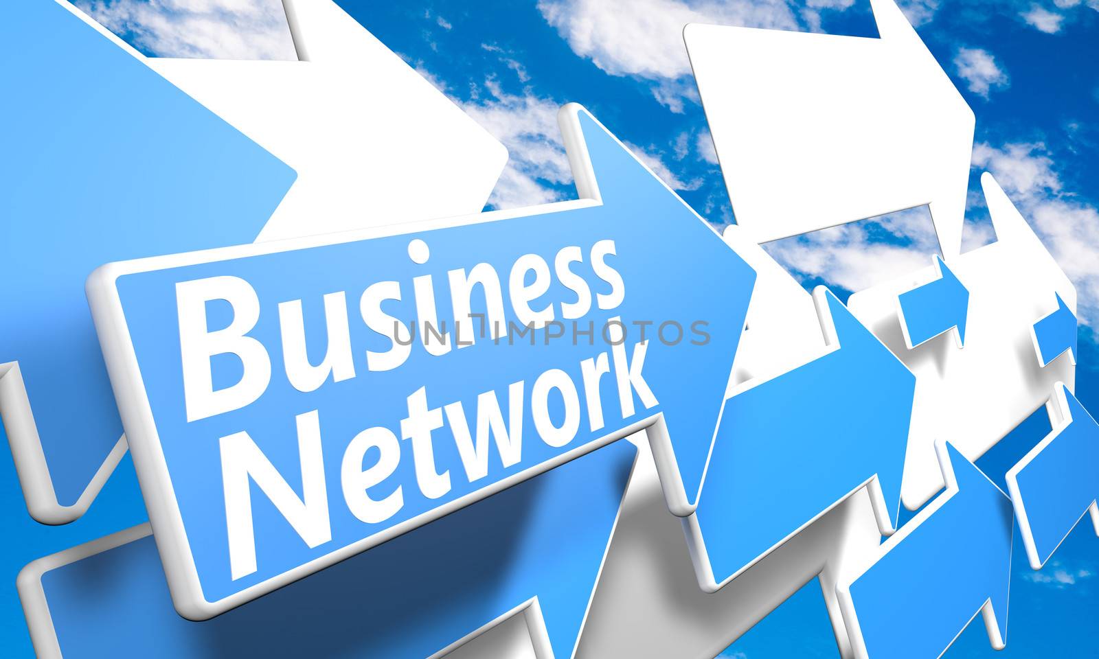 Business Network 3d render concept with blue and white arrows flying in a blue sky with clouds