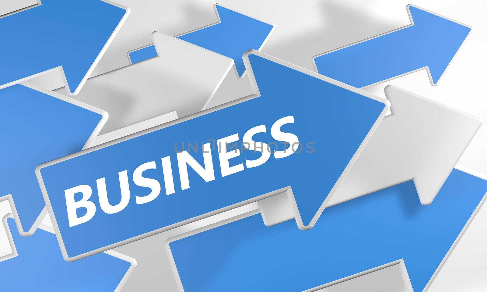 Business 3d render concept with blue and white arrows flying over a white background.