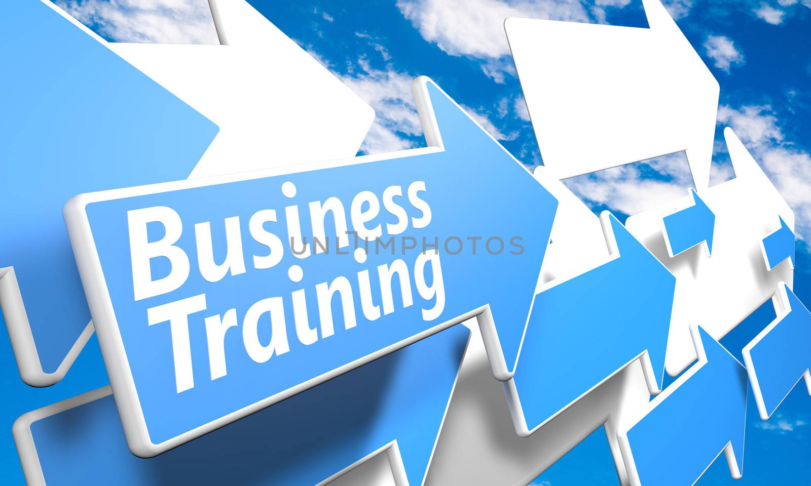 Business Training 3d render concept with blue and white arrows flying in a blue sky with clouds