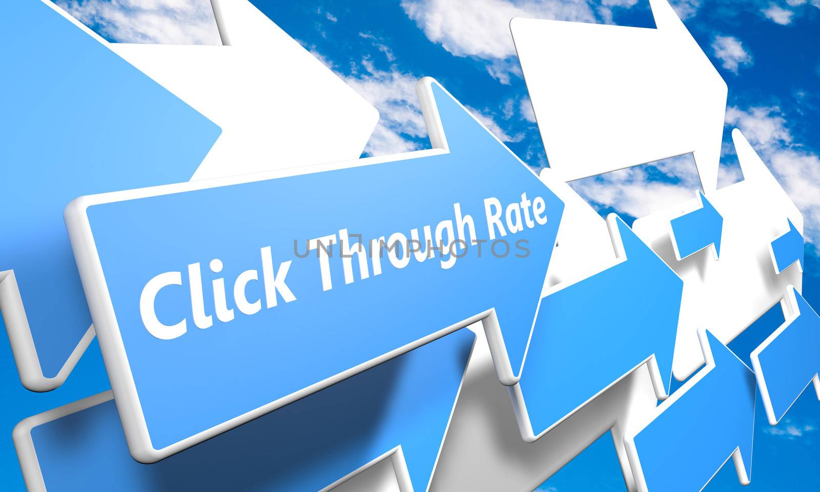 Click Through Rate 3d render concept with blue and white arrows flying in a blue sky with clouds