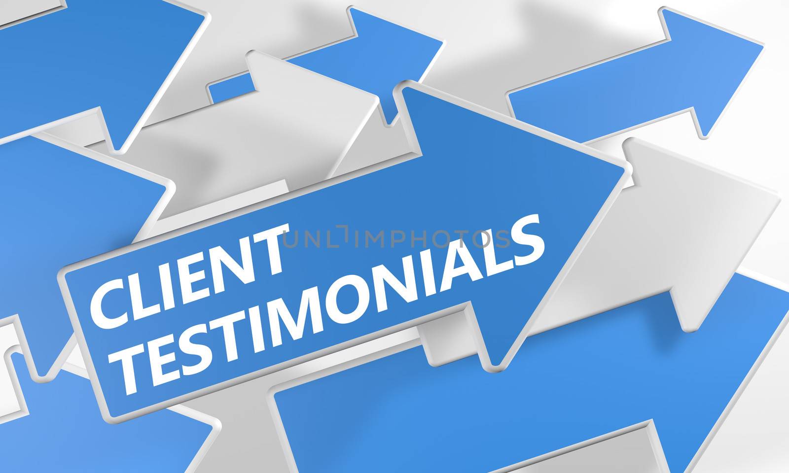 Client Testimonials 3d render concept with blue and white arrows flying over a white background.