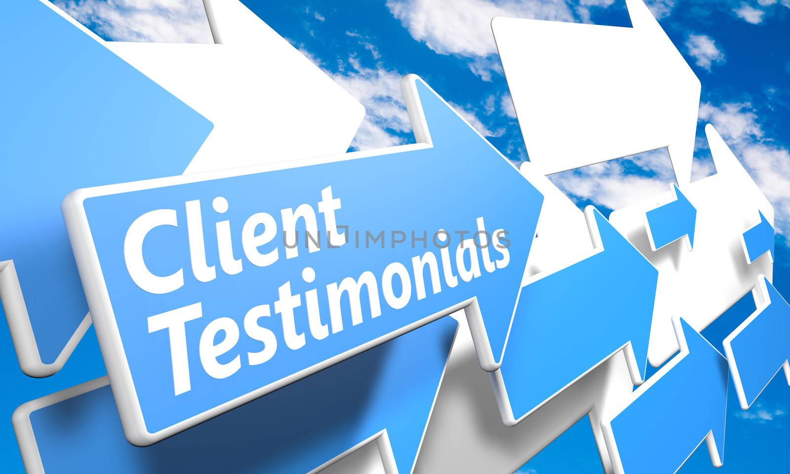Client Testimonials 3d render concept with blue and white arrows flying in a blue sky with clouds