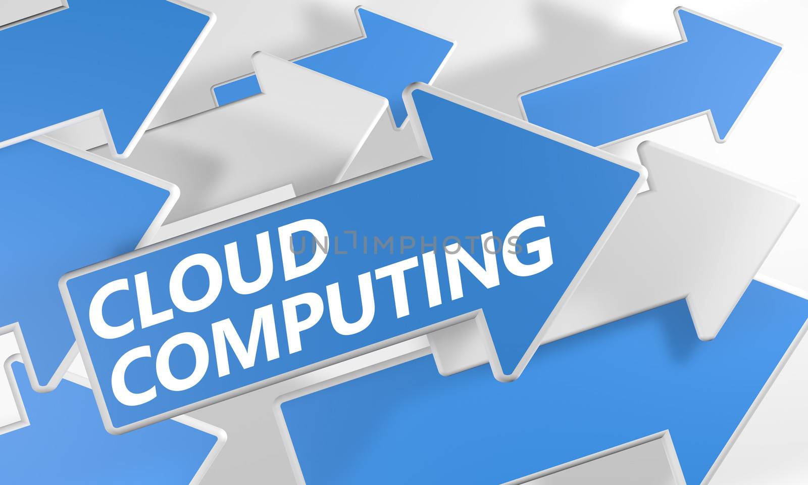 Cloud Computing 3d render concept with blue and white arrows flying over a white background.