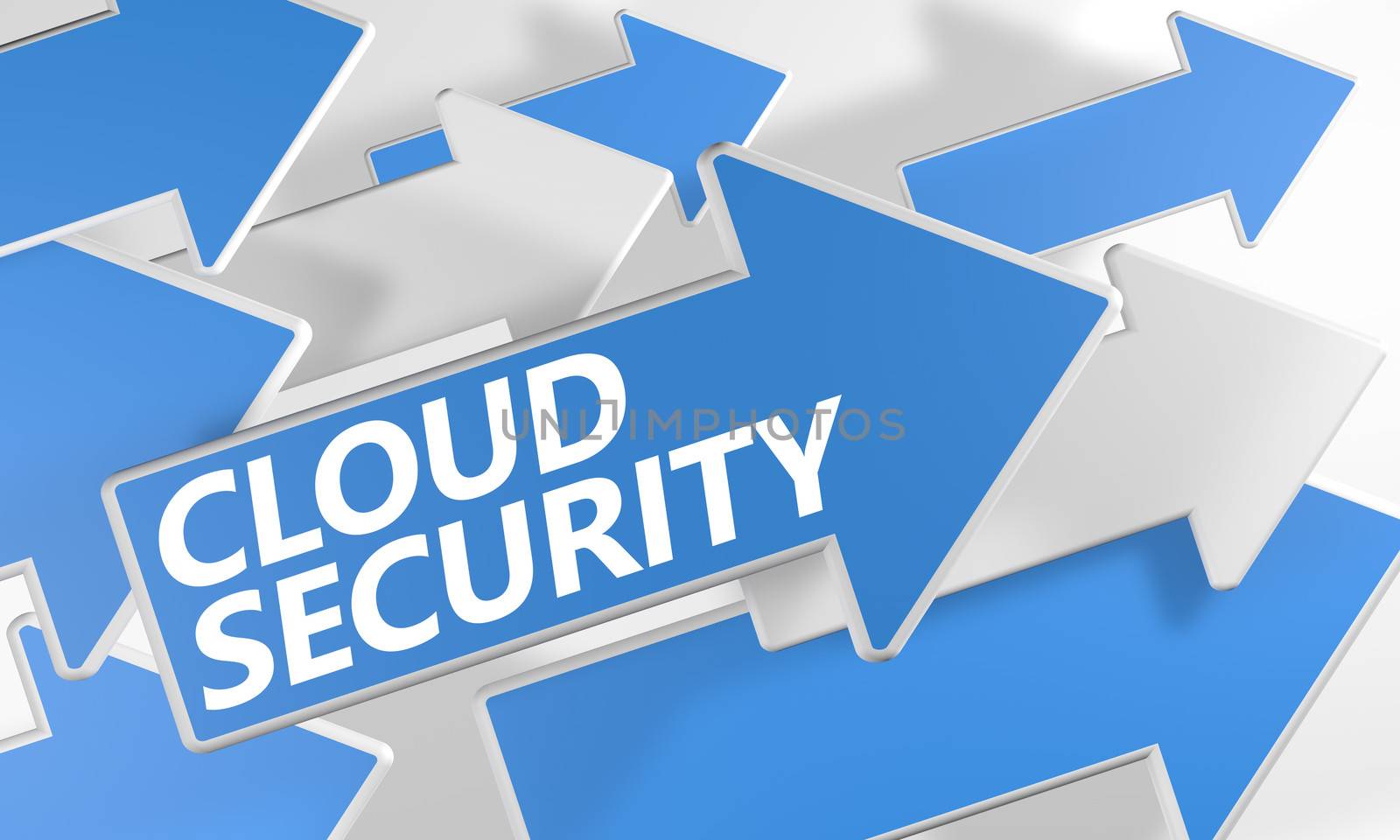 Cloud Security 3d render concept with blue and white arrows flying over a white background.