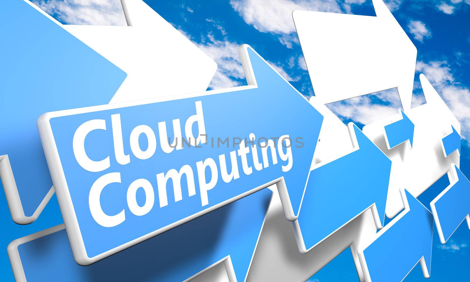 Cloud Computing 3d render concept with blue and white arrows flying in a blue sky with clouds