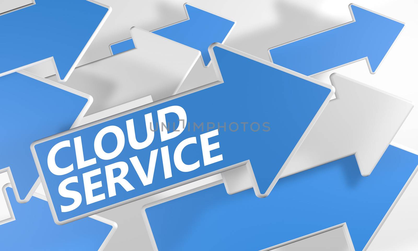 Cloud Service 3d render concept with blue and white arrows flying over a white background.