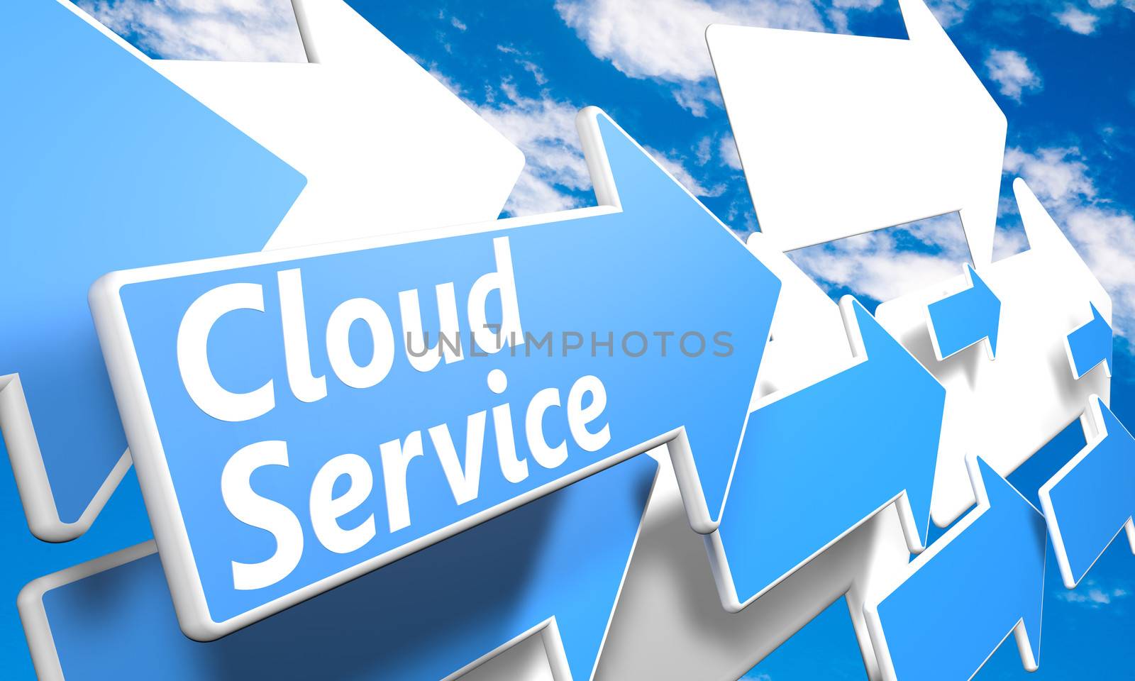 Cloud Service 3d render concept with blue and white arrows flying in a blue sky with clouds