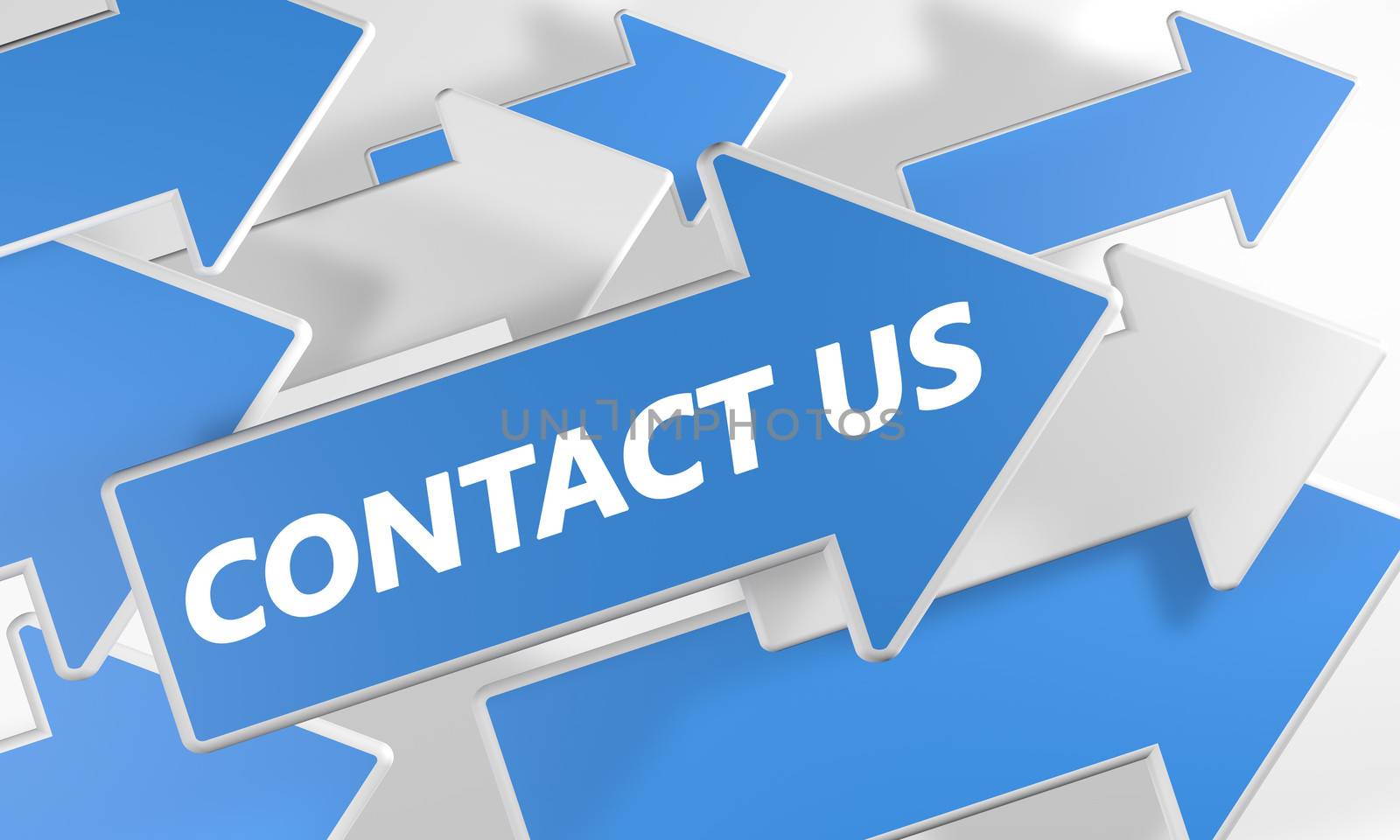 Contact us 3d render concept with blue and white arrows flying over a white background.