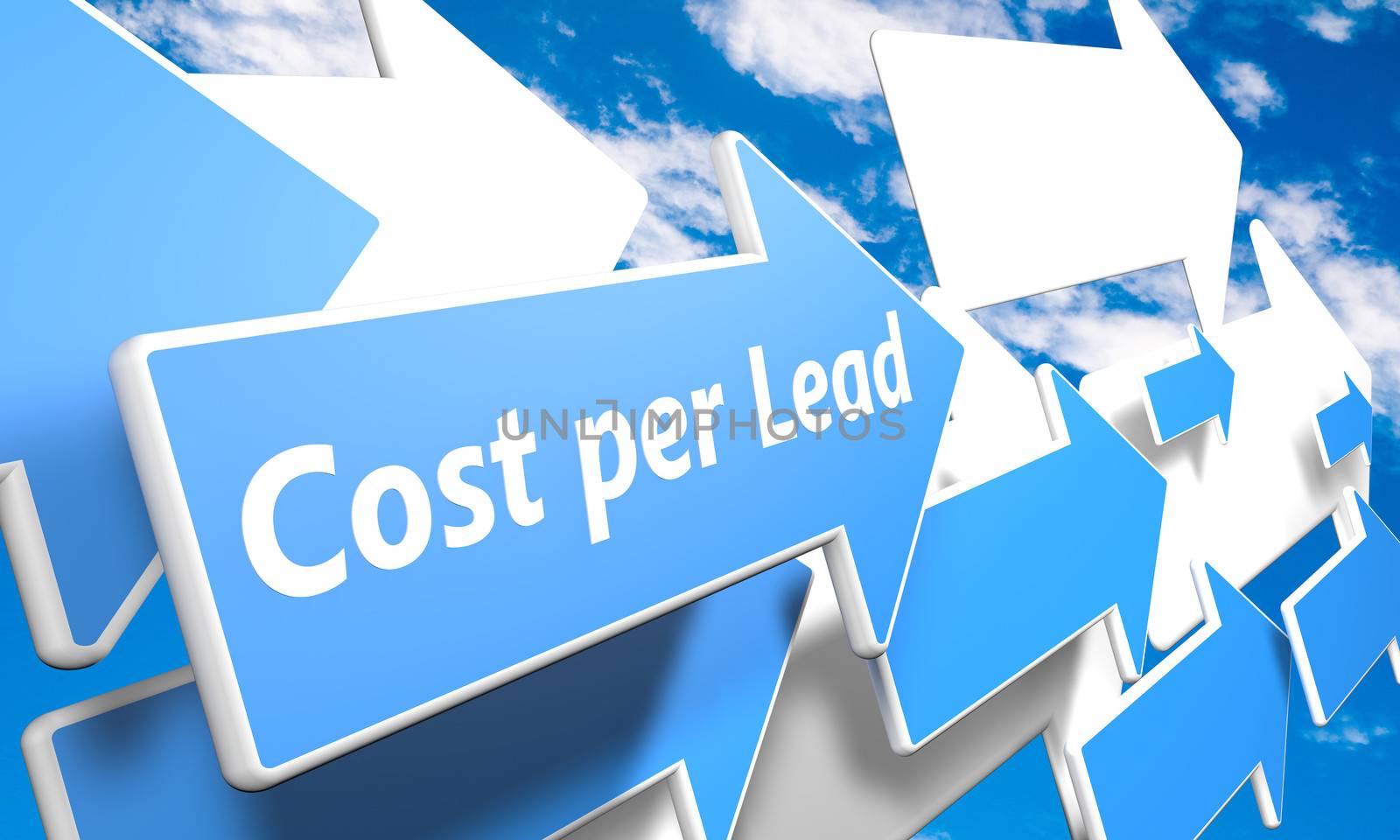 Cost per Lead 3d render concept with blue and white arrows flying in a blue sky with clouds
