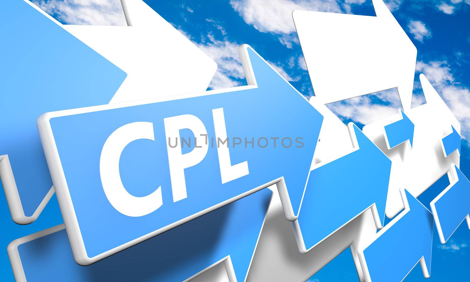 Cost per Lead 3d render concept with blue and white arrows flying in a blue sky with clouds