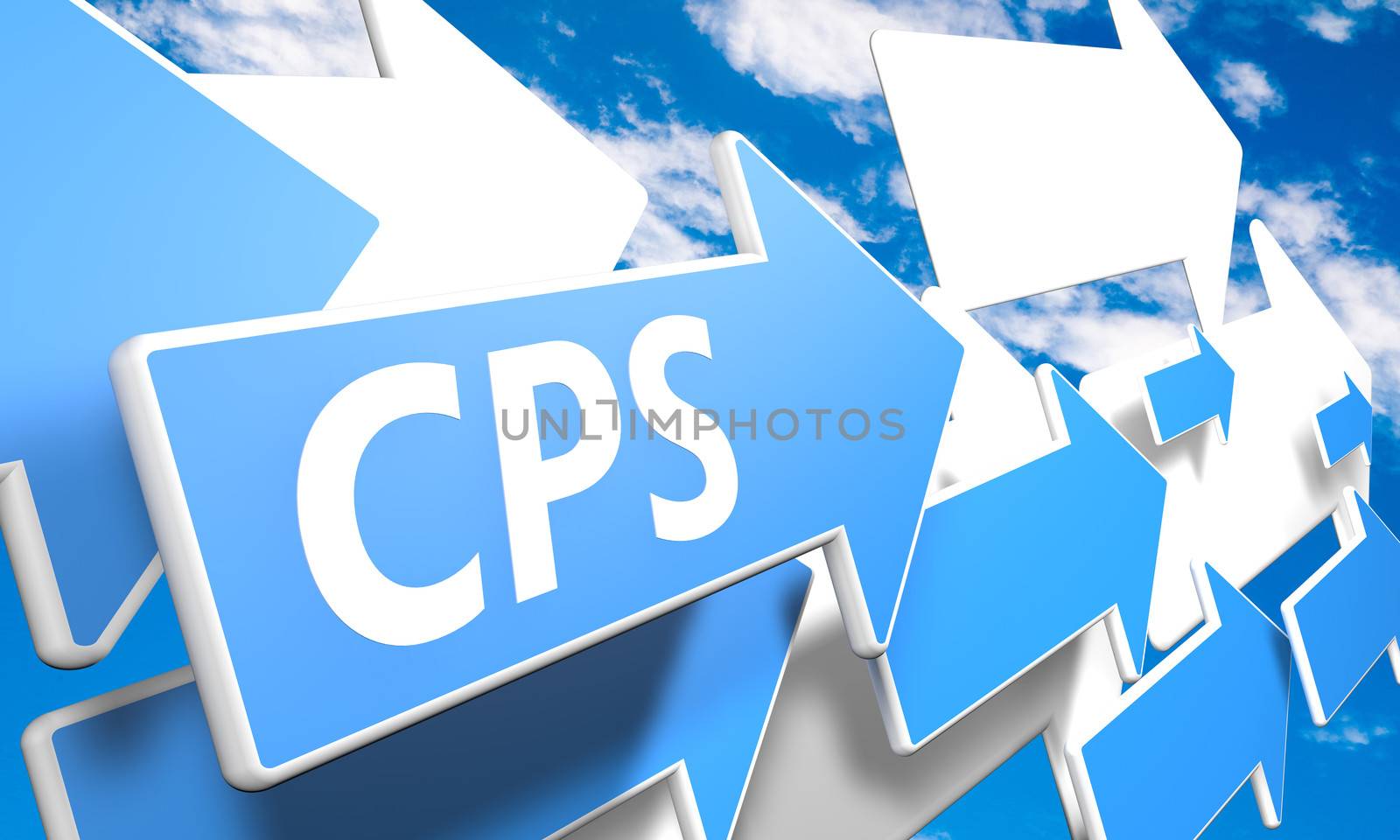 Cost per Sale 3d render concept with blue and white arrows flying in a blue sky with clouds