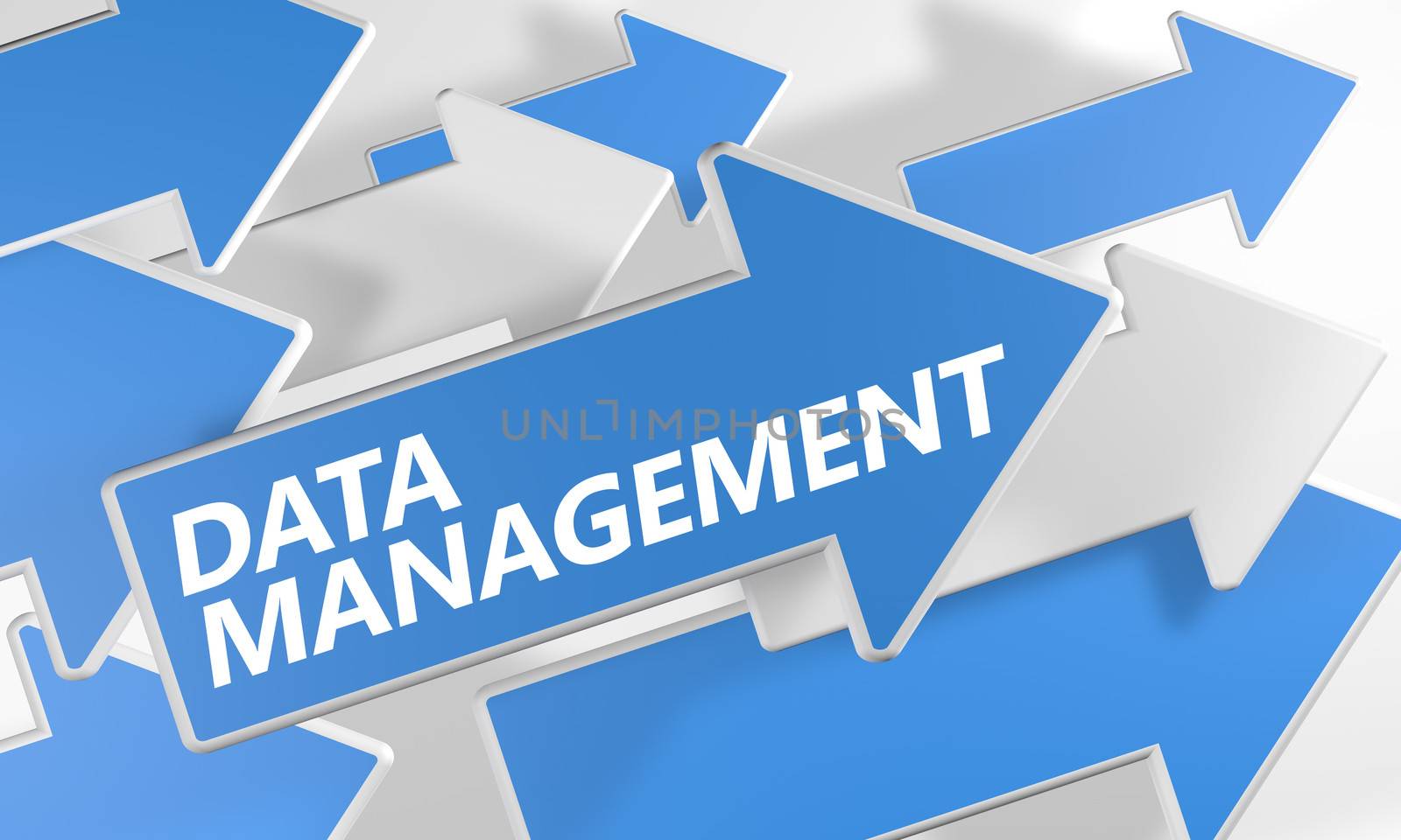 Data Management 3d render concept with blue and white arrows flying over a white background.
