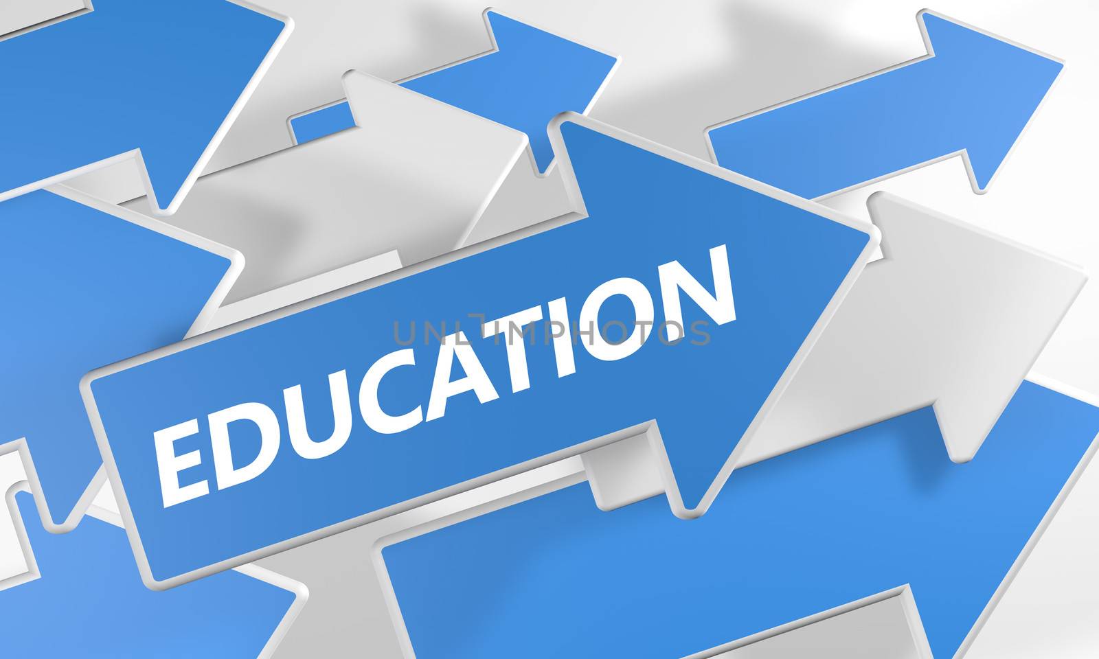 Education 3d render concept with blue and white arrows flying over a white background.