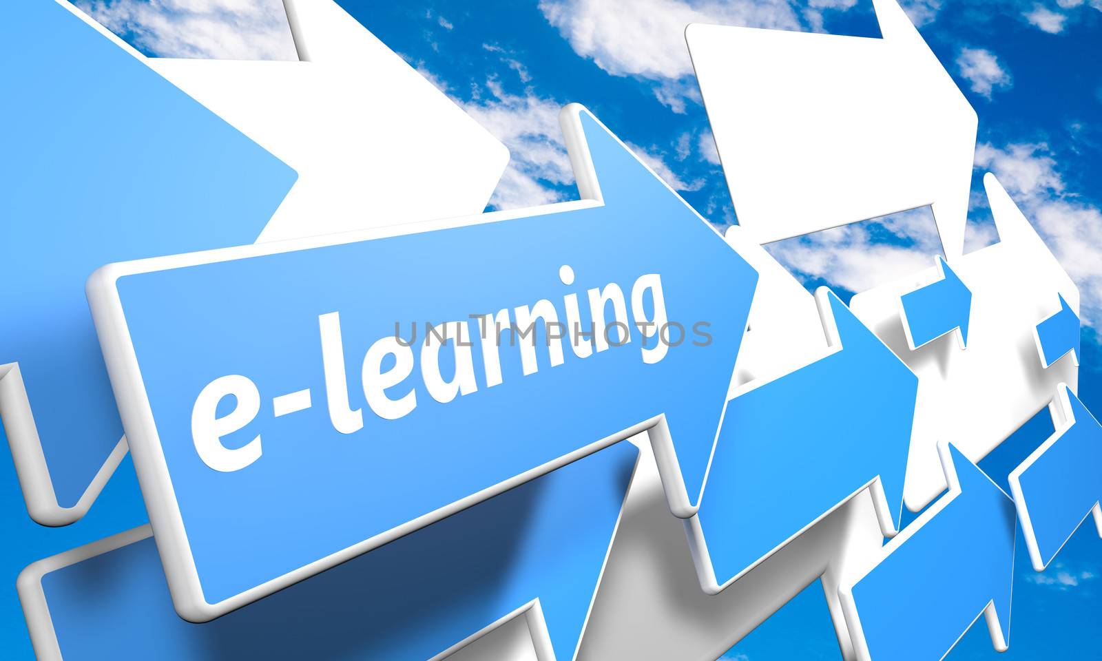 E-learning 3d render concept with blue and white arrows flying in a blue sky with clouds