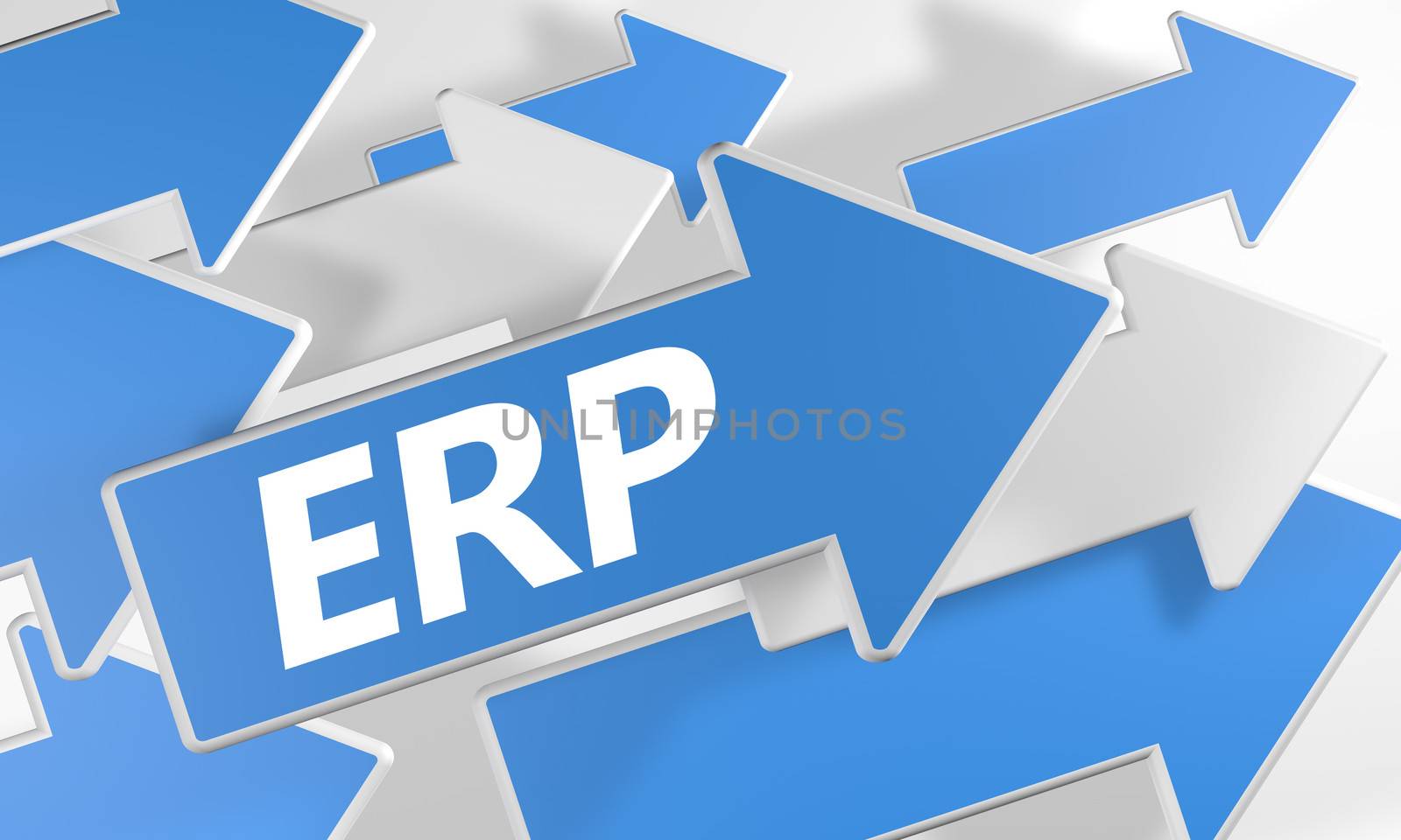 Enterprise Resource Planning 3d render concept with blue and white arrows flying over a white background.