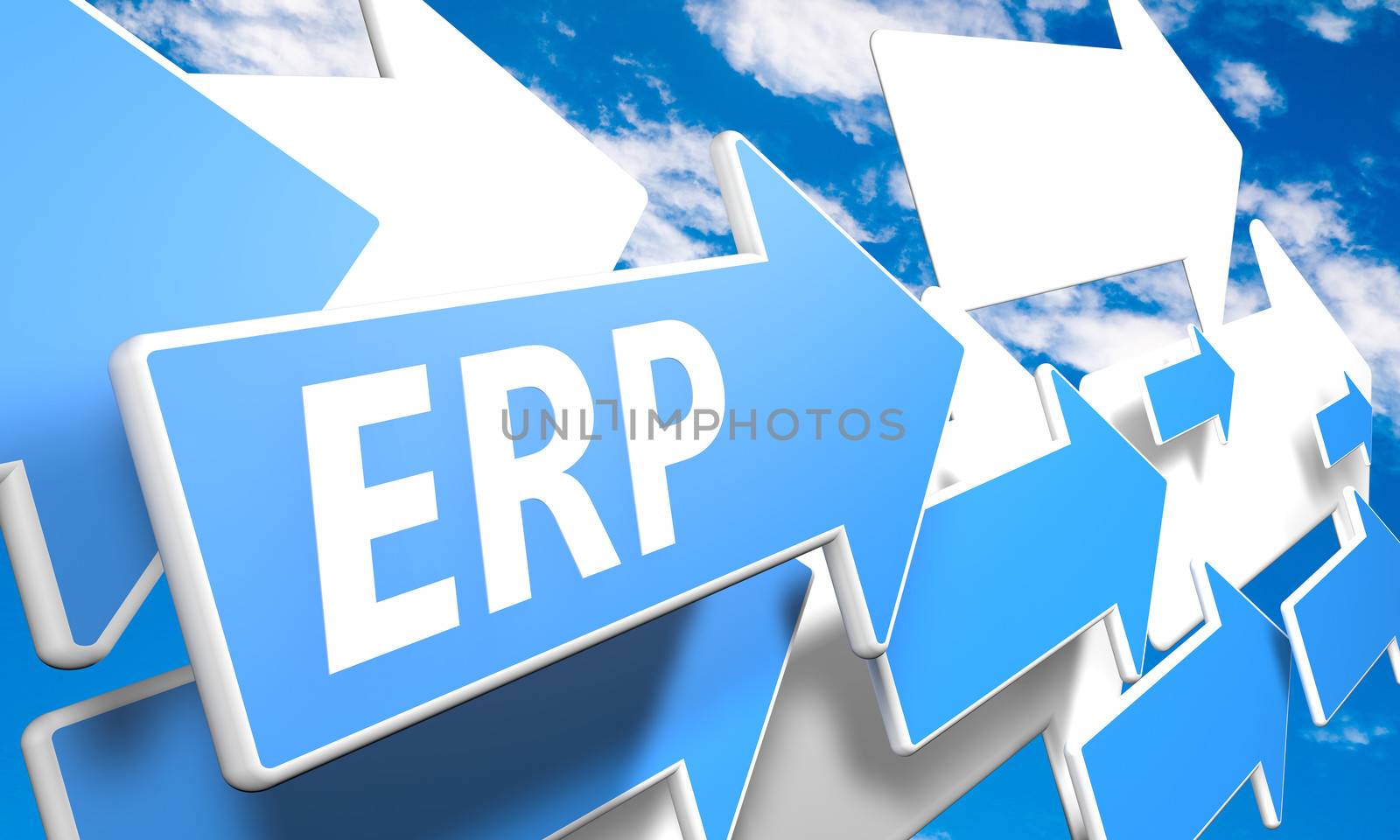 Enterprise Resource Planning 3d render concept with blue and white arrows flying in a blue sky with clouds