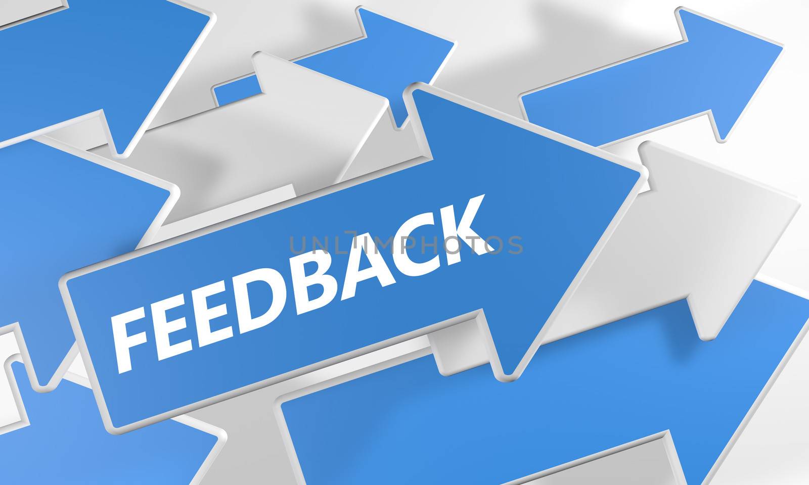 Feedback 3d render concept with blue and white arrows flying over a white background.