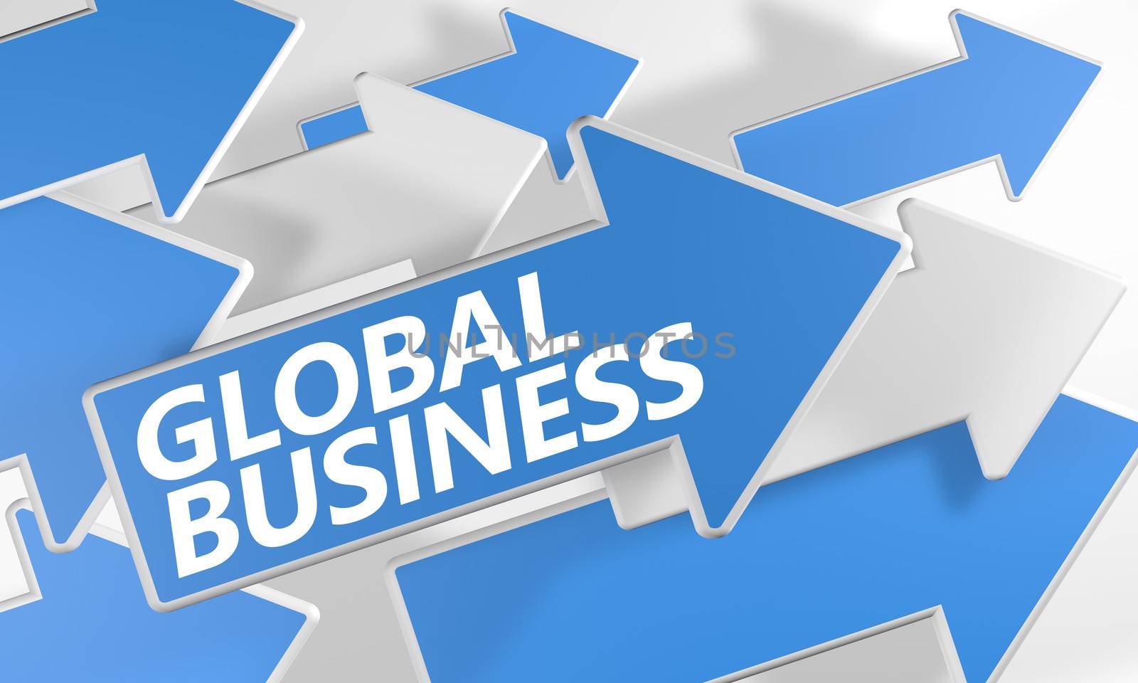 Global Business 3d render concept with blue and white arrows flying over a white background.