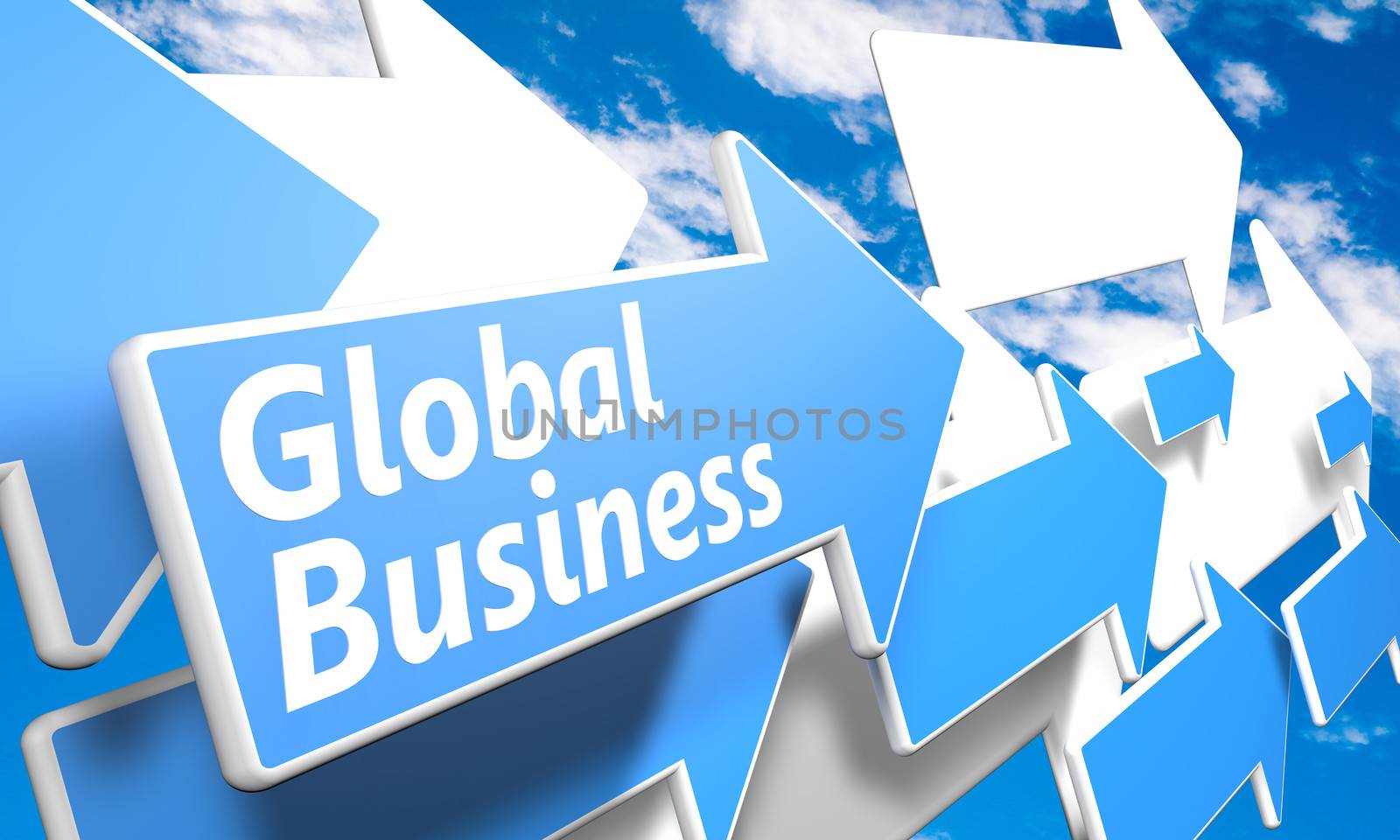 Global Business 3d render concept with blue and white arrows flying in a blue sky with clouds