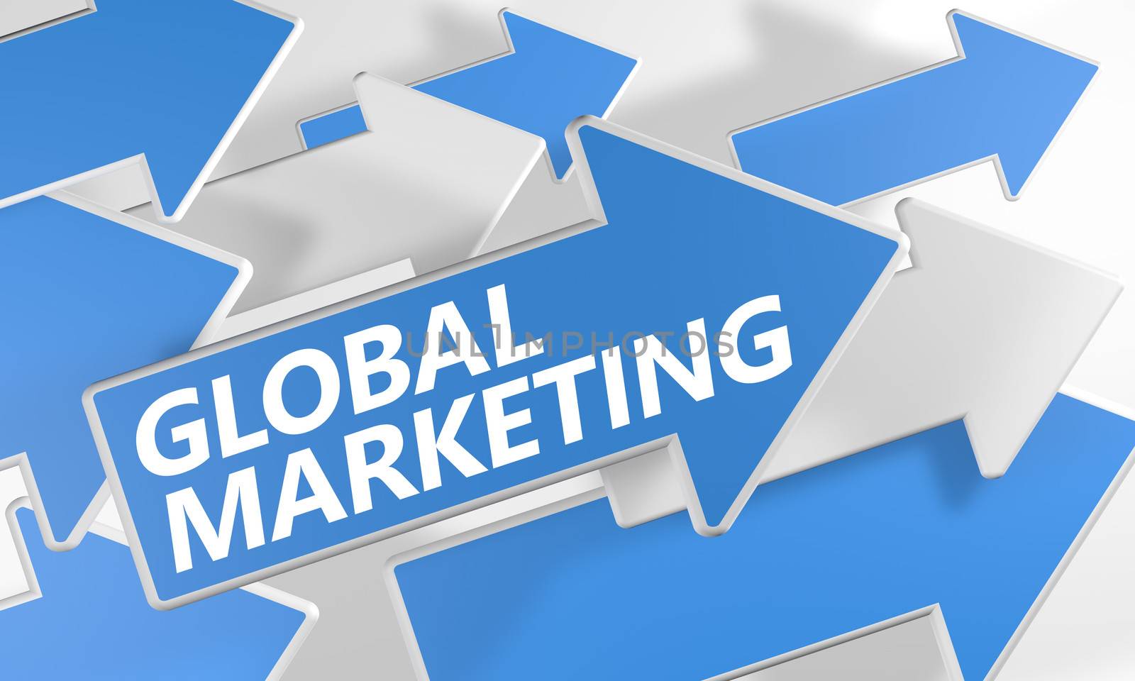 Global Marketing 3d render concept with blue and white arrows flying over a white background.