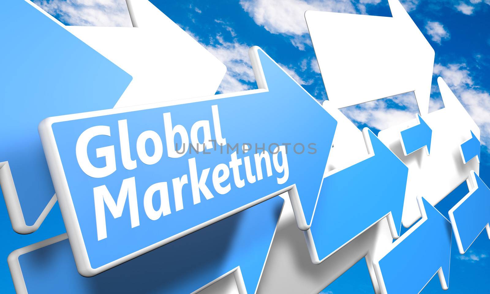 Global Marketing 3d render concept with blue and white arrows flying in a blue sky with clouds