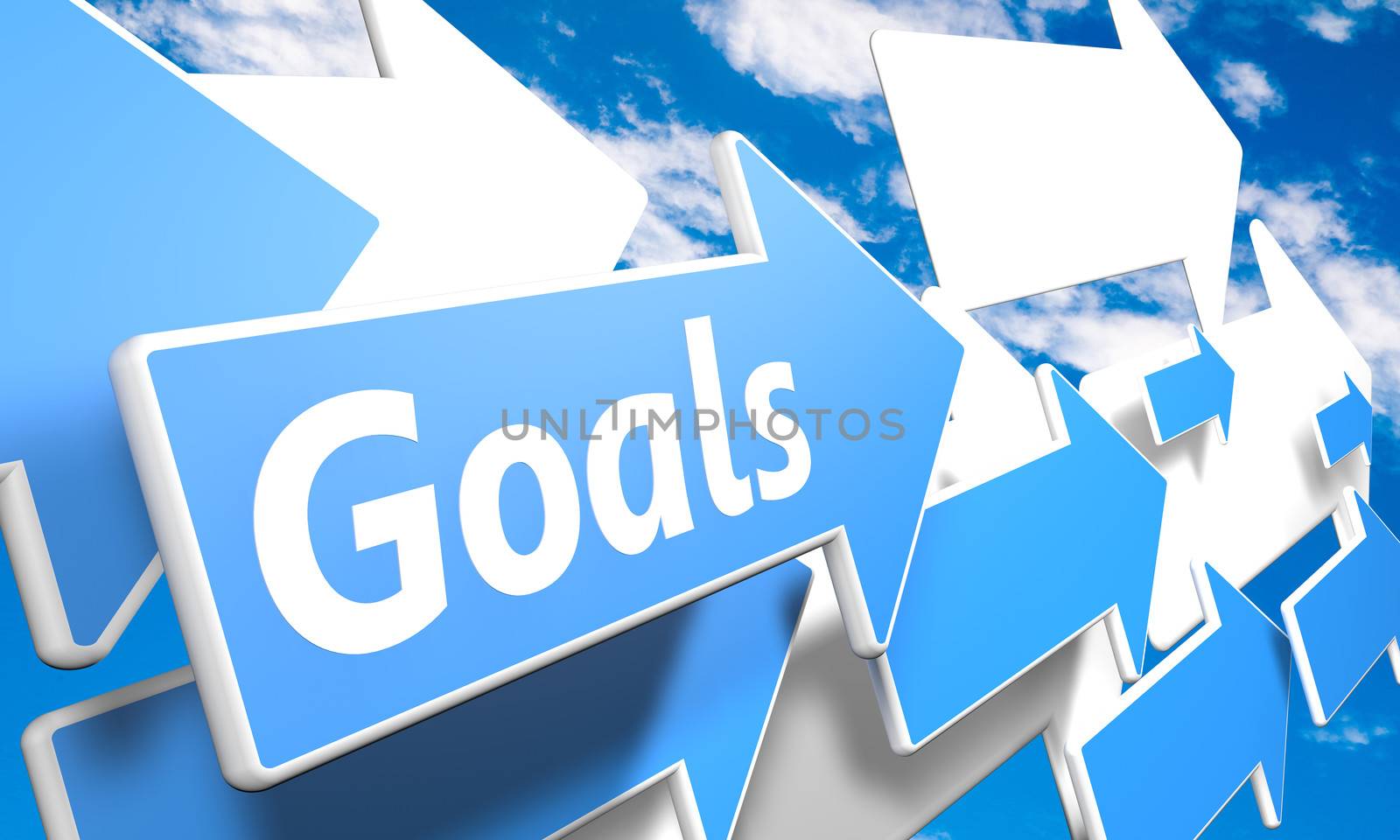 Goals 3d render concept with blue and white arrows flying in a blue sky with clouds