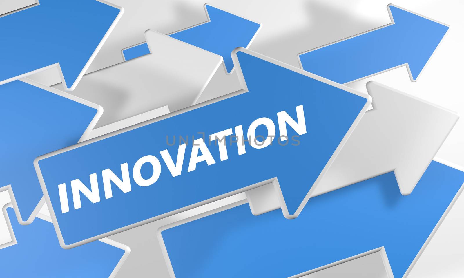 Innovation 3d render concept with blue and white arrows flying over a white background.