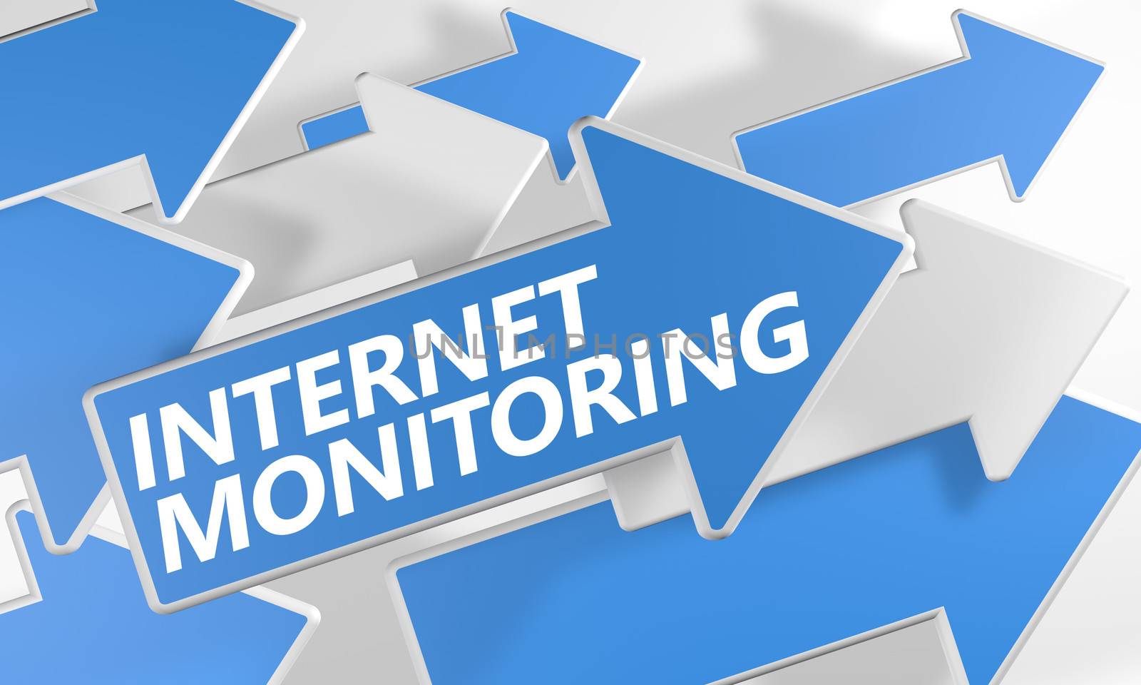 Internet Monitoring 3d render concept with blue and white arrows flying over a white background.