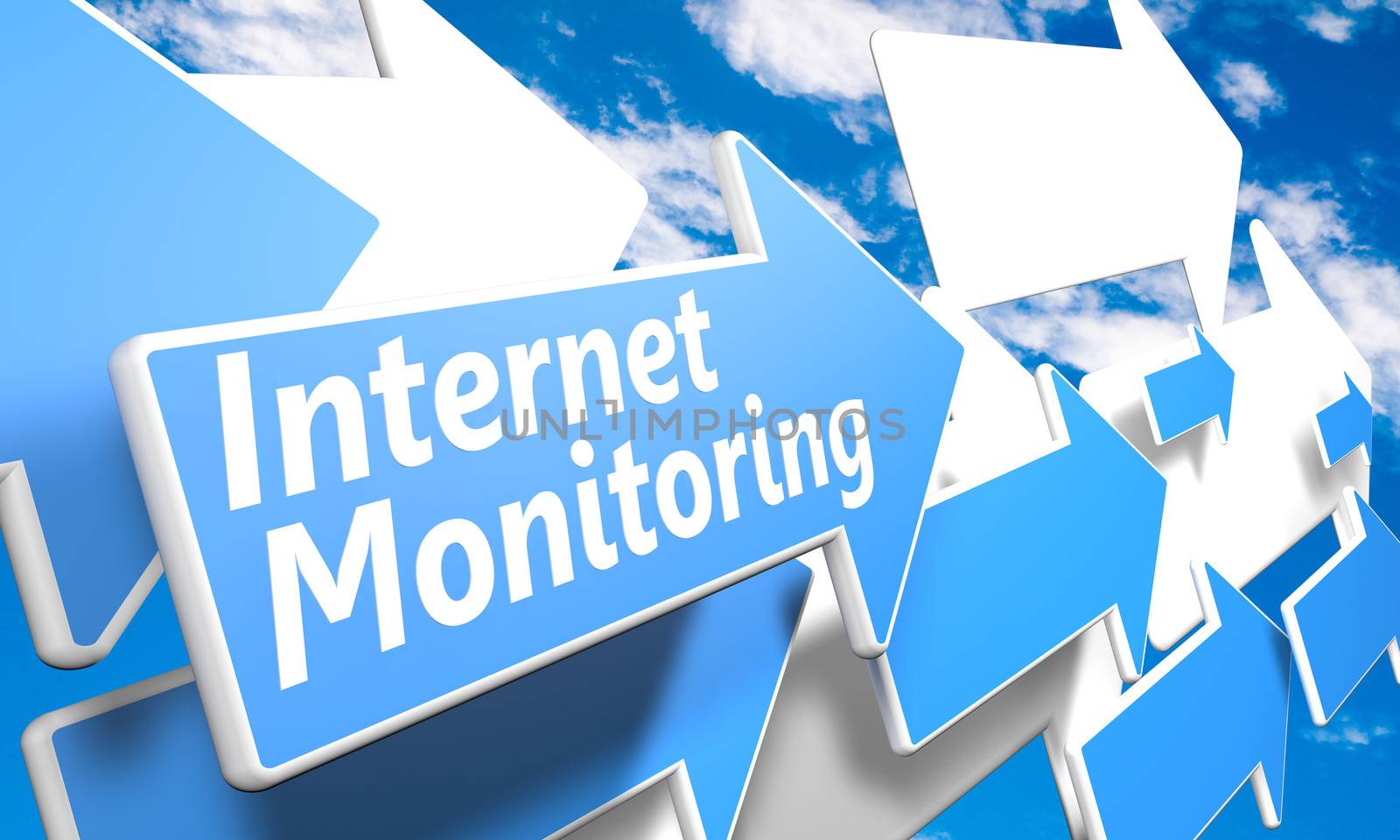 Internet Monitoring 3d render concept with blue and white arrows flying in a blue sky with clouds