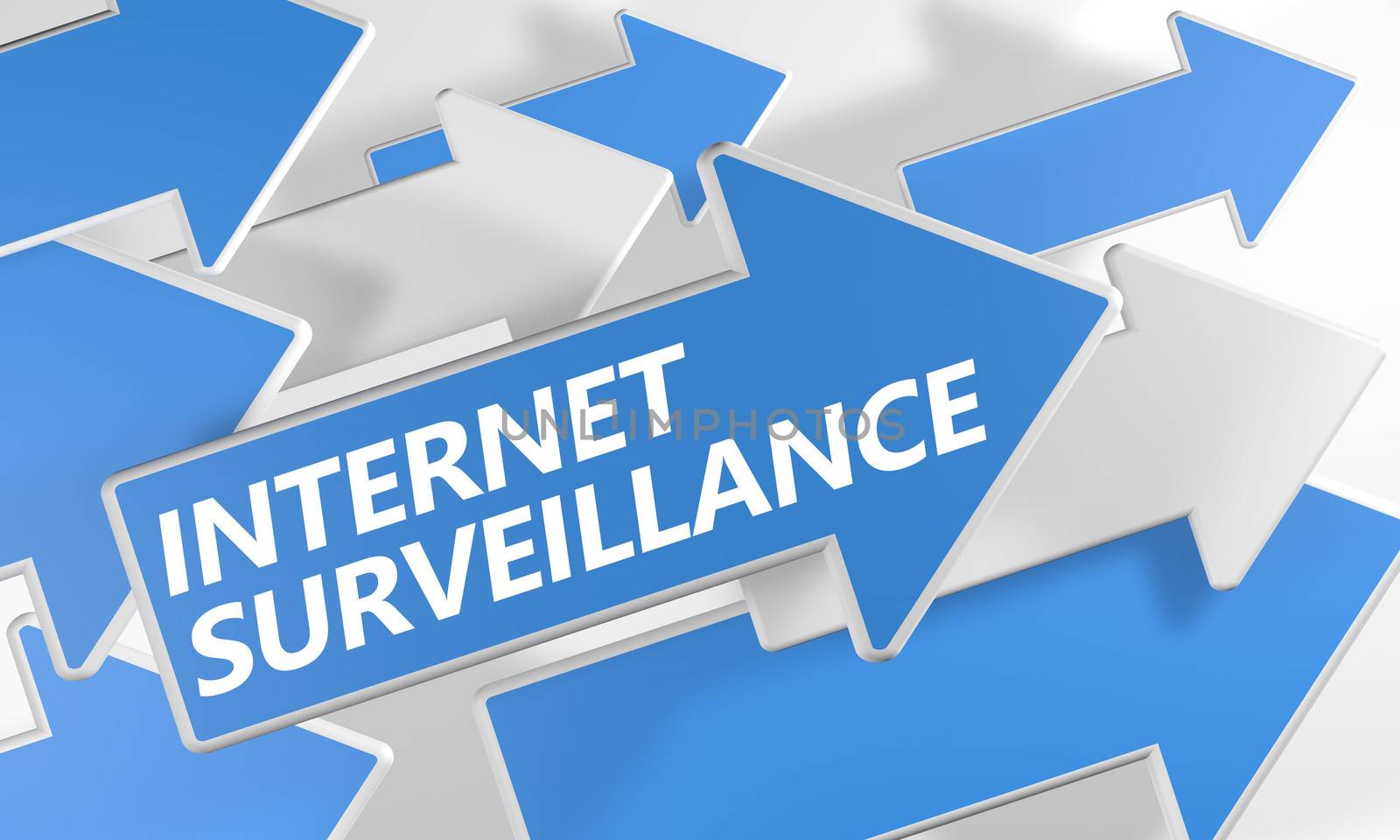 Internet surveillance 3d render concept with blue and white arrows flying over a white background.